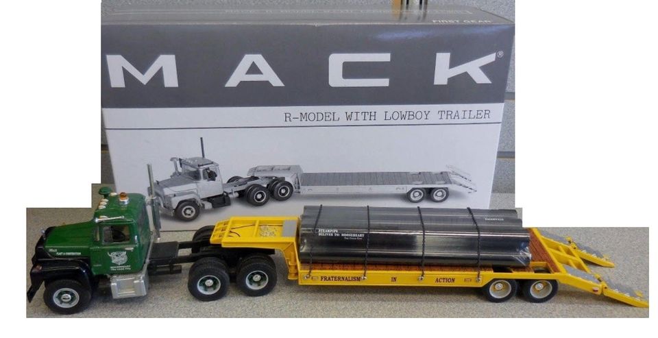 R Mack Tractor With Lowboy Trailer and removable Pipe Load Toy Truck R