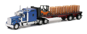 Kenworth W900 with a Flatbed Trailer with Forklift and Pallets